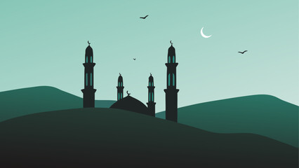 Silhouette mosque with crescent moon and flying birds