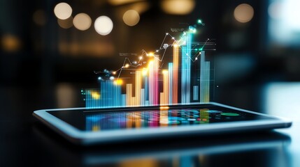 A sleek tablet displaying vibrant, animated data graphs, symbolizing growth and analytics in a modern digital landscape