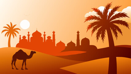 Fototapeta premium Silhouette of camel and building in desert landscape