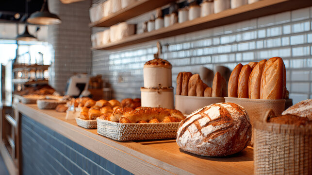 Assortment of freshly baked bread displayed in a cozy bakery