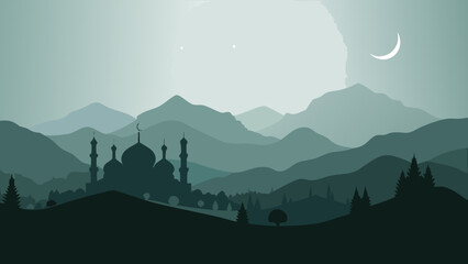 Silhouette of mosque and mountains with crescent moon
