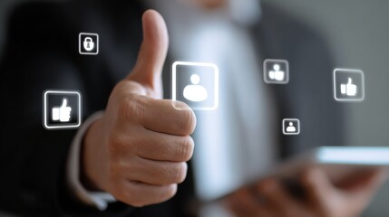 A professional giving a thumbs-up with digital icons representing likes and user engagement in the background