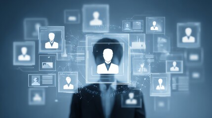 A professional exploring digital profiles in a futuristic interface. Enhanced connectivity and data visualization highlight the importance of online presence in modern business.
