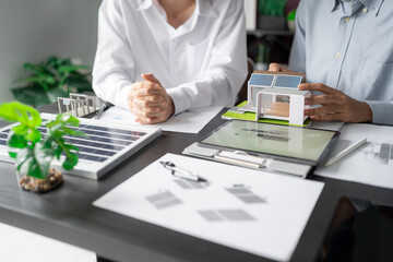 Solar panels green energy Business man working green eco friendly office business creative idea...