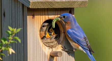 A bluebird diligently providing nourishment to its hatchlings within a wooden nesting box