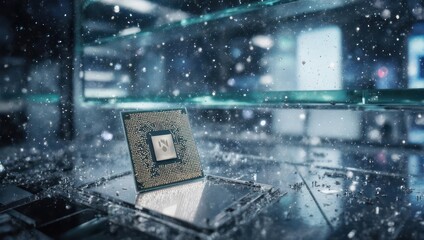 A computer processor sits in a technologically advanced setting with water particle effects