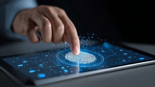 A close-up of a hand interacting with a futuristic digital interface on a tablet, showcasing biometric fingerprint recognition technology and data visualization.