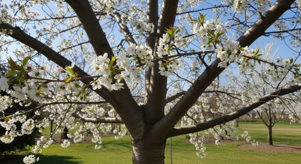 A canopy of blossoming white flowers on a mature tree in a serene meadow landscape under a bright