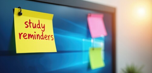 Close up photo of computer screen with colorful sticky notes. Reminder notes with study prompts on desktop monitor. Education or work organization concept with productivity tools.