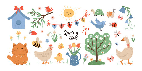 A large spring collection with various seasonal elements highlighted on a white background animals, flowers, birds, and butterflies. Vector design
