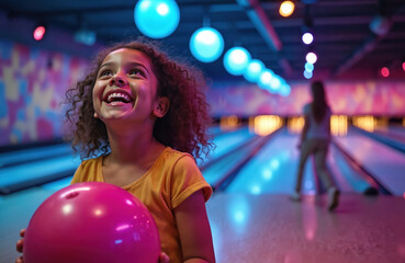 Young girl laughs holding bowling ball. Child enjoys fun game in alley with colorful neon lights. Friends play indoor sport, celebrate together at entertainment center.