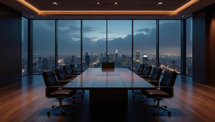 Conference room with city view at night. Meeting table and rolling chairs in office. Corporate workspace for business discussions in a boardroom overlooking urban skyline during evening.