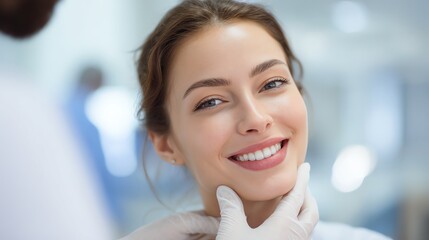 A confident woman smiles brightly while undergoing a dental checkup