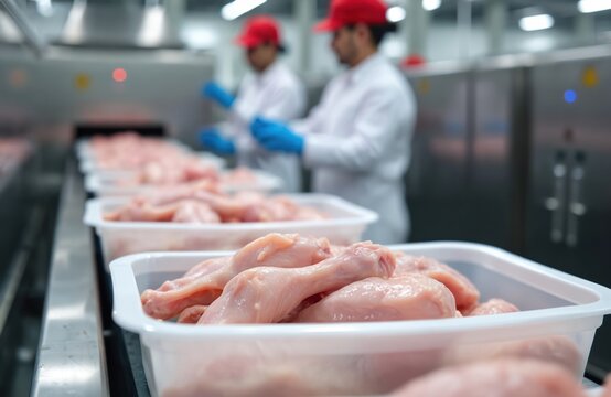 Industrial food production line displays raw chicken drumsticks on conveyor belt. Automated system processes poultry within modern factory setting. Workers in protective gear monitor meat processing - Powered by Adobe