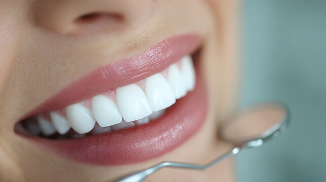 A close-up of a bright and healthy smile with perfectly white teeth, showcasing dental hygiene and care in a clinical environment, ideal for promoting dental health awareness.