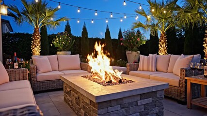 Outdoor patio fire pit seating area evening ambiance string lights tropical palm tree - Powered by Adobe