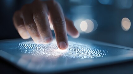 A close-up of a finger touching a digital tablet that displays a fingerprint pattern, showcasing advancements in biometric security and user authentication technology.