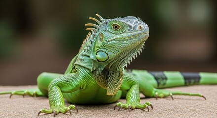 A captivating close-up of a vibrant green iguana showcasing its scales and details