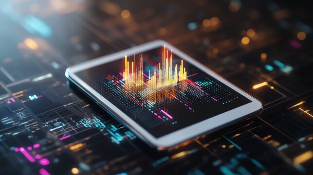 A tablet displaying vibrant digital data visualizations, symbolizing modern technology and data analysis. The colorful graphs are set against a sophisticated tech background.