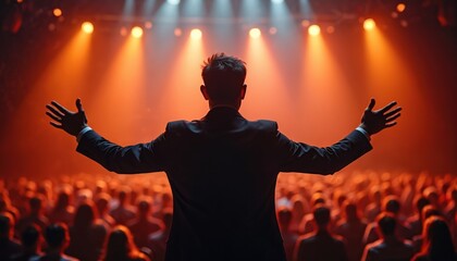 Motivational speaker gives talk to audience in hall. Man on stage gesticulates, inspires crowd. Business coach motivates. Concept for business conference, seminar event, leadership speech, success