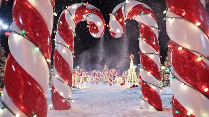 Festive Christmas pathway with giant candy cane archway design, illuminated by lights in a magical winter snow scene - Powered by Adobe