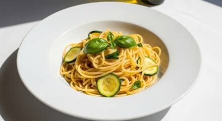 Delicious spaghetti with zucchini and basil garnish in white bowl
