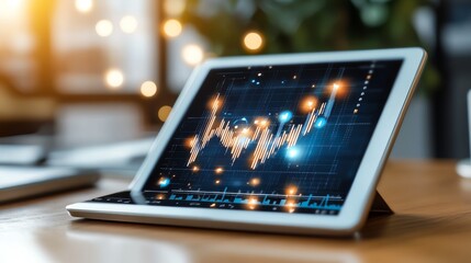 Close-up of a tablet displaying stock market data, featuring colorful graphs and analytics