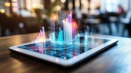 A digital tablet showcasing vibrant data visualizations with colorful graphs and charts, representing modern analytics and the integration of technology in business environments.