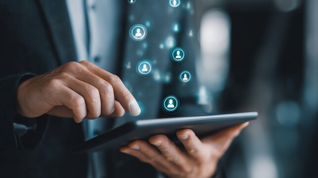 A businessman interacts with a tablet, showcasing digital networking icons. The image captures the fusion of technology and communication in modern business environments.