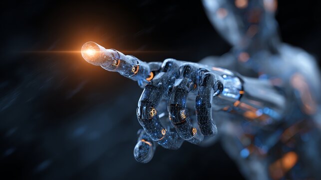 A futuristic robotic hand with intricate details is depicted, pointing forward with a glowing light