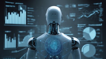 A futuristic robot analyzes data on digital screens, representing the intersection of artificial intelligence and analytics in modern technology-driven environments.