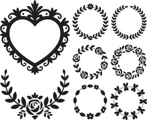 Floral Wreaths and Heart Frame Silhouette Vector Illustration Decorative Leaves and Flower Borders in Transparent Background 130 Chars