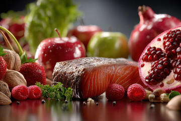 Vibrant arrangement of fresh produce and salmon on a wooden surface