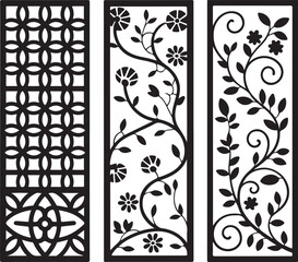 Decorative Panel Collection with Floral Geometric Patterns in Asian Style Suitable for Screen Room Dividers or Graphic Elements 130