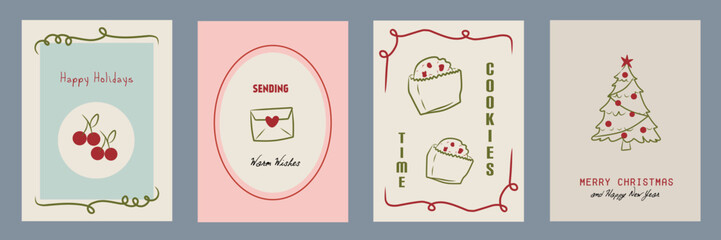 Hand drawn la dolce vita Christmas doodles. Vector illustration cards icon with letter, christmas tree. Minimalist winter line art for invitations, stationery, printables, social media, wall art.