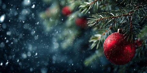 A close-up shot of a dark, moody Christmas scene featuring a single red ornament hanging from a snow-covered pine branch, with softly falling snowflakes and a blurred, dark background