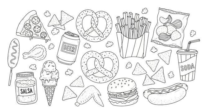 Assorted food items including pizza, burgers, fries, and drinks illustrated in a playful sketch style