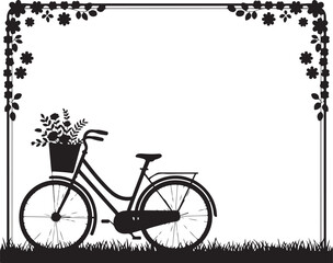Obraz premium Vintage Bicycle with Basket of Flowers and Floral Frame Decoration on Transparent Background Black Silhouette Vector Illustration Image