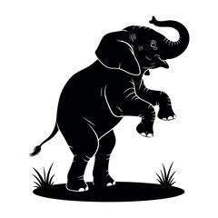Playful baby elephant rearing up solid black silhouette isolated on white background
