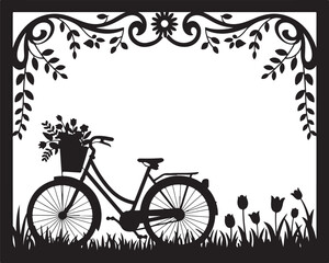 Obraz premium Lace Ornamental Decoration with Bicycle and Tulips Pattern on Transparent Background Black Silhouette Vector Illustration Image Elegant