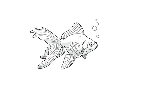 Black and white drawing of a goldfish swimming with bubbles rising.