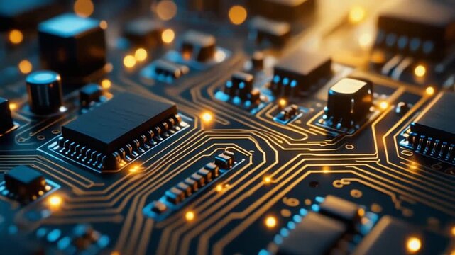  of macro-scale close-ups of electronic modules showing electrical currents visualized as tiny golden-blue lights moving through PCB tracks