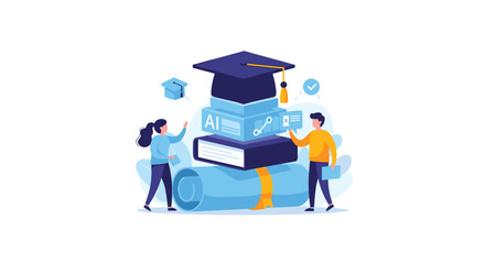 Graduation cap and diploma with students and educational icons signify academic achievement and learning.