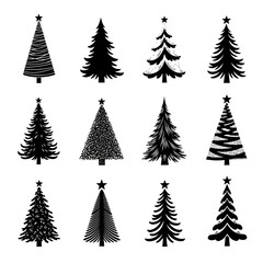 Collection of twelve different black and white christmas tree designs with stars on top