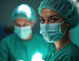 Female doctor in operating room. She wears medical mask and cap. Healthcare worker looks at camera. Modern medicine concept in clinic. Medical treatment and surgery.