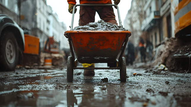 Construction worker with wheelbarrow on muddy street