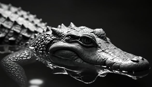 Monochrome closeup of crocodile head emerging from dark water. Intricate skin texture, scales, piercing eye showcase dangerous predator. Reptile lurks submerged, hinting at wild nature, aquatic life.