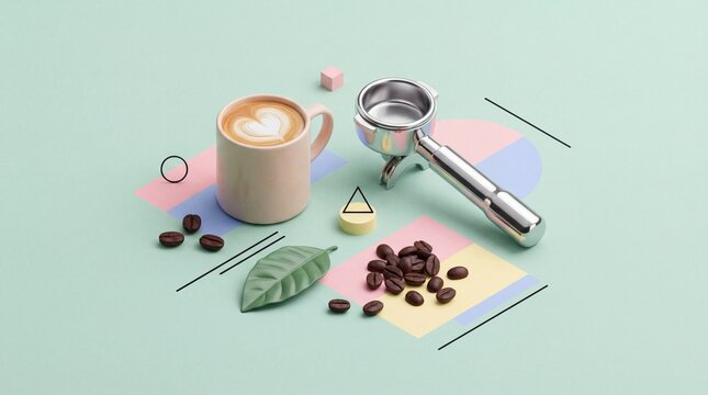 Modern isometric illustration of coffee shop items for branding and design