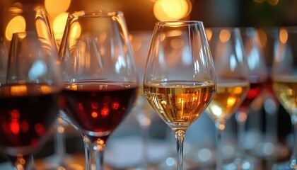 Fototapeta premium Rows of wine glasses filled with red and white wine. They sit on a table with blurred lights in background. This suggests celebration or a tasting event.