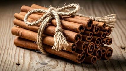 Bundle of cinnamon sticks tied with rope aromatic spice photo